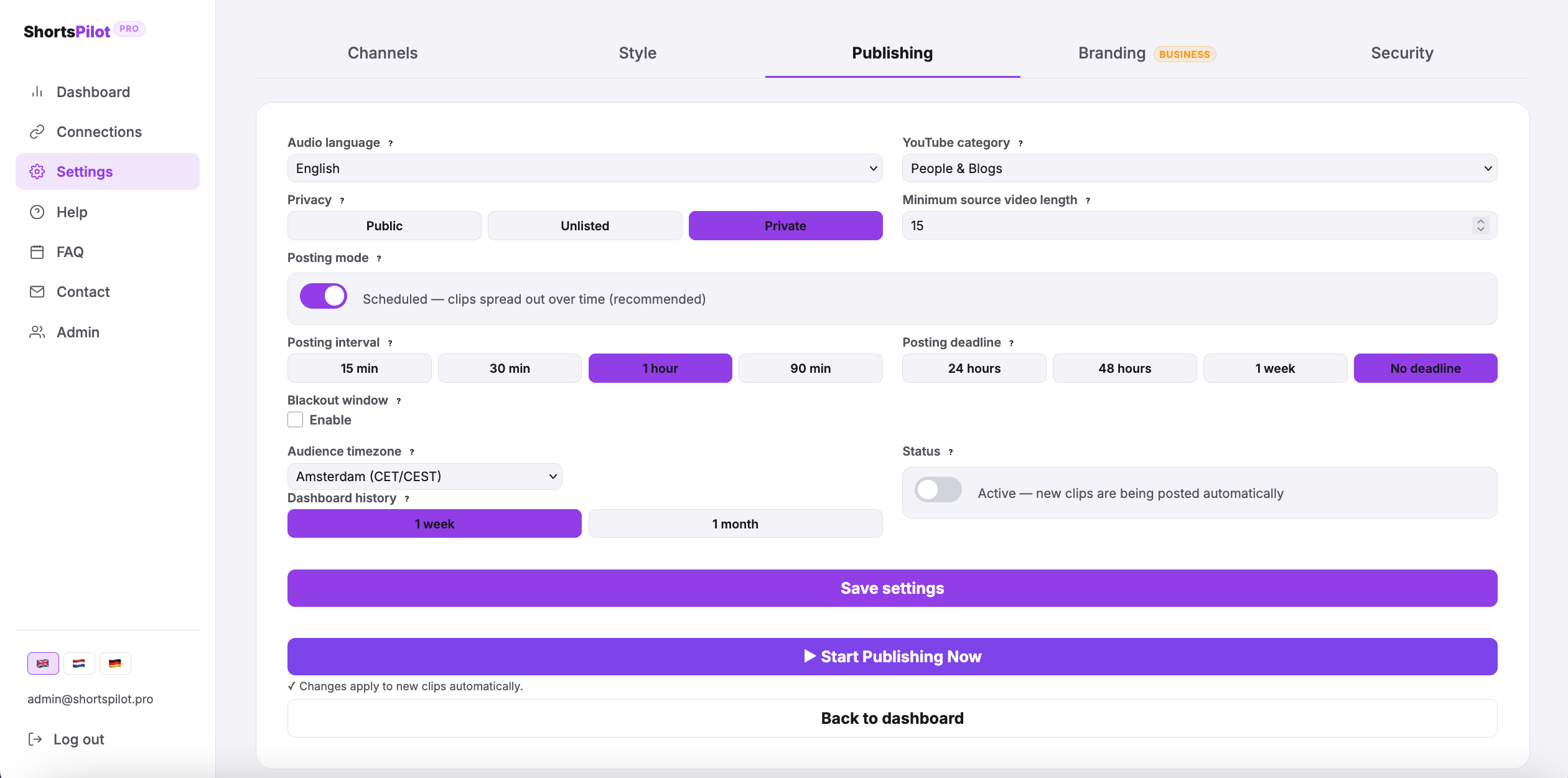 Publishing settings