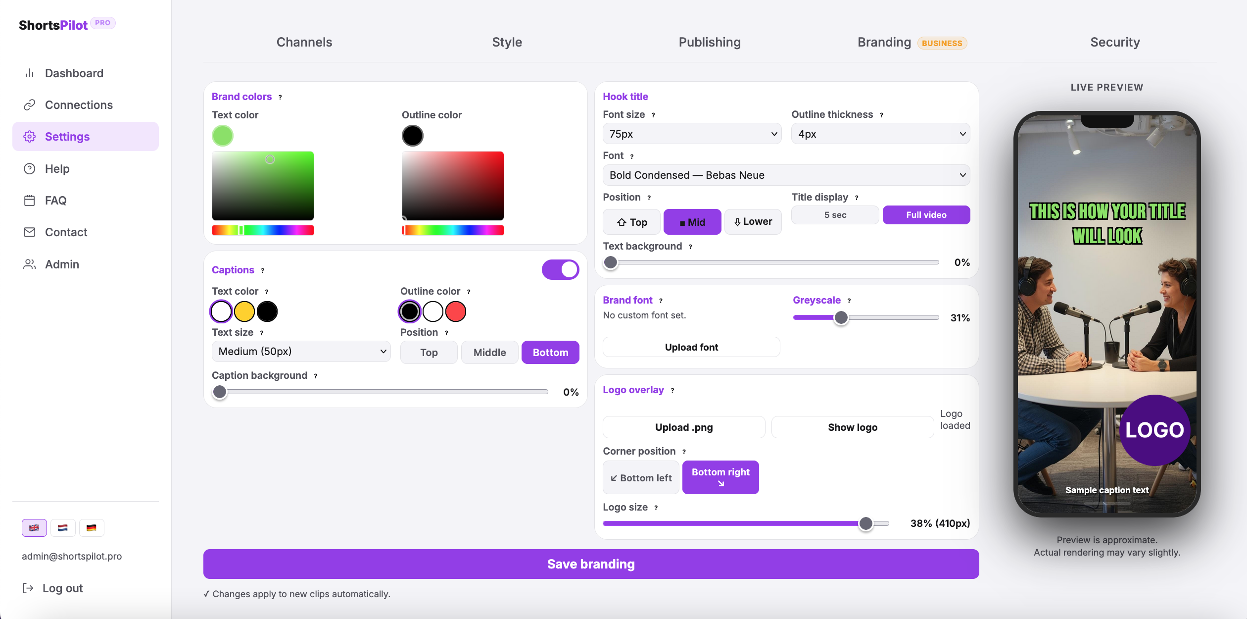 Branding settings